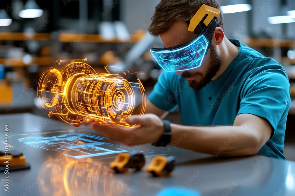 Fototapete Futuristic depiction of a reverse engineering lab where engineers use holographic displays to analyze and recreate complex mechanical devices