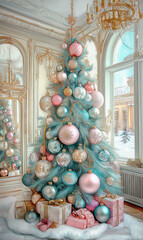 Vintage Christmas tree in classical room.