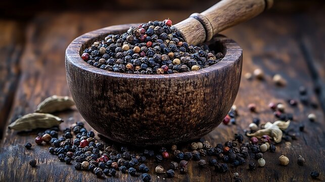  A rustic scene featuring a wooden mortar filled with a mixture of whole spices like cumin seeds, coriander seeds, and black peppercorns, with some spices scattered around on a weathered wooden table.