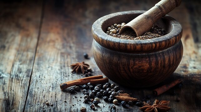  A rustic scene featuring a wooden mortar filled with a mixture of whole spices like cumin seeds, coriander seeds, and black peppercorns, with some spices scattered around on a weathered wooden table.