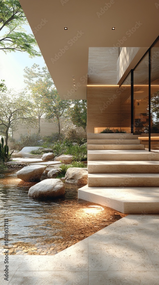Poster a house with a large stone staircase leading to a pool