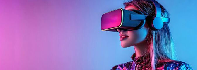 Woman is using virtual reality headset with inscription. Cyber Monday concept. , copy space for text,