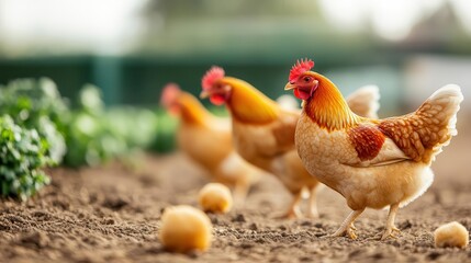 Fototapeta premium Chickens freely roaming in a biodiverse permaculture farm, free-range farming, sustainable animal husbandry