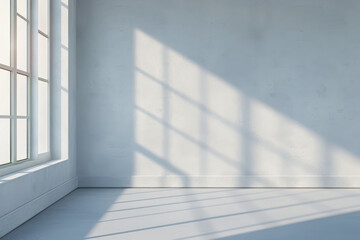 Sunlit Corner: A minimalist and serene interior design concept, showcasing a spacious corner bathed in soft sunlight streaming through a large window, creating a sense of tranquility and openness. 