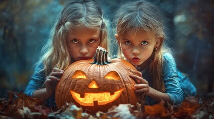 girls with carving pumpkin