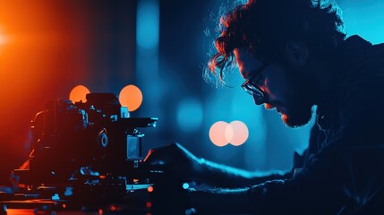 Obraz premium A focused photographer working with a camera in a stylish, illuminated environment, showcasing creativity and passion for art.