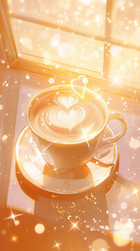 Close up of one cup of cappuccino with hearts near the window on vertical background, anime illustration wallpaper.
