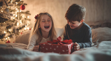 Happy children with their Christmas gift