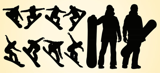 A collection set of black silhouette figures of snowboarders in action, showing various mid-air tricks and poses.