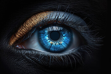 Obraz premium Mystic Blue Eye: Close-up of a captivating blue eye with a golden accent, set against a dark background. The image evokes mystery, depth, and intrigue. 