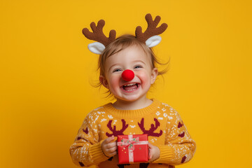 Fototapeta premium A cute little girl with a Christmas present, dressed as a reindeer on a yellow background