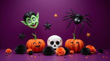 Fototapeta premium Origami halloween background with pumpkin and bats