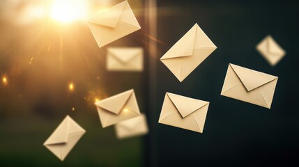 A bunch of envelopes are flying in the air