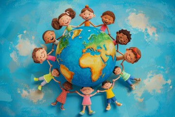 an animated family of different races holding hands around the globe