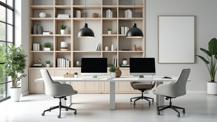 Fototapeta premium Modern office room interior with coworking space and fashionable furniture. White Mockup frame.
