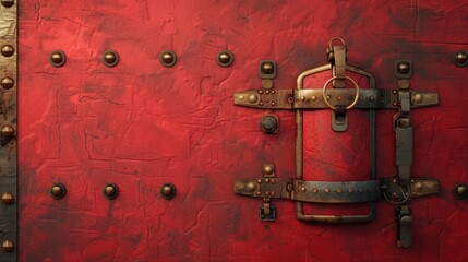 Weathered and Grungy Metal Entrance with Antique Rustic Latch and Ornate Brass Hardware on a Textured Red Grunge Background Surface  Vintage Industrial Architectural Detail
