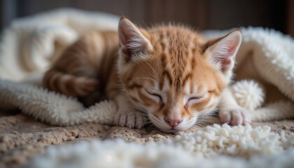 Adorable sleeping Bengal kitten resting on soft blanket at home