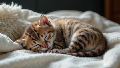 Cute sleeping Bengal kitten snuggled in soft blanket at home