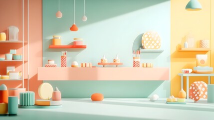 Enchanting 3D studio environment with a vibrant backdrop empty floor and wall display product stand and a shadow gradient from the window illuminating the countertop