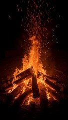 Obraz premium Intense bonfire with bright flames and sparks in dark night setting