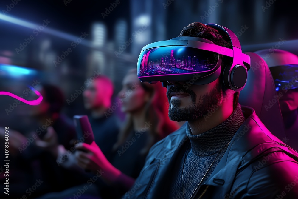 Poster Futuristic depiction of people using virtual reality headsets to navigate public transport routes in a hyper-connected city, symbolizing the integration of technology with urban mobility