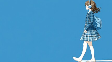 Anime Girl in School Uniform Walking with Headphones