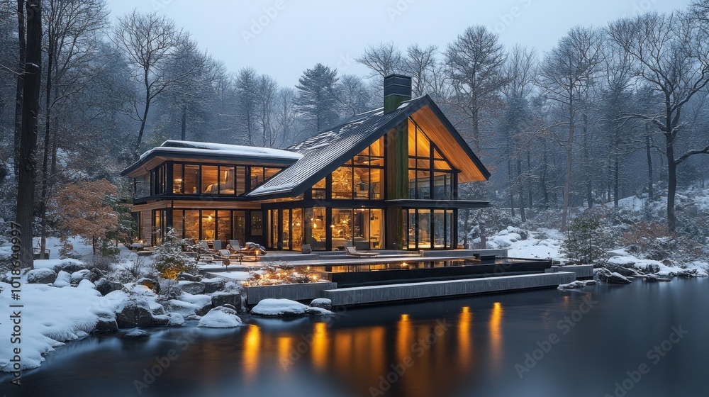 Poster a large house with a large pool and a fireplace