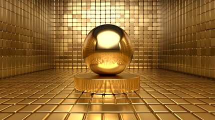 Gleaming Golden Sphere Suspended in Cubic Geometric Wonderland