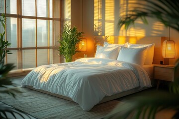 luxurious bedroom setting with crisp white organic linen bedding soft ambient lighting minimalist decor potted plant for pop of green focus on texture