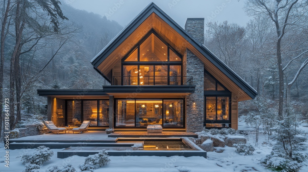 Poster a large house with a fireplace and a pool