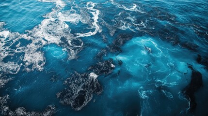 Fototapeta premium An aerial view of an oil spill spreading across the ocean, with dark patches of oil contrasting against the blue water, illustrating environmental disaster.