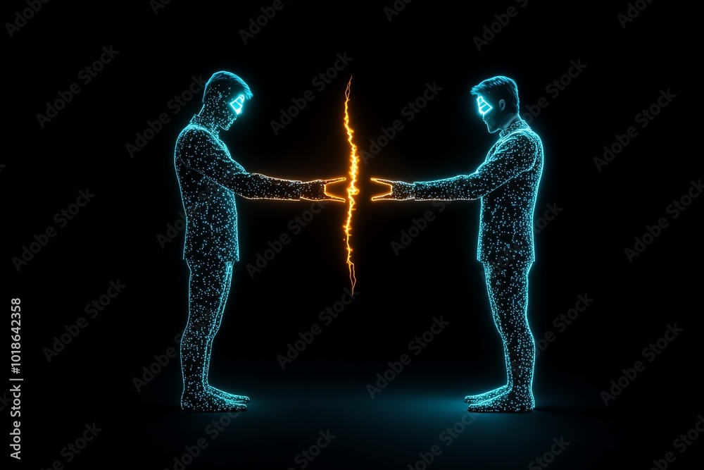 Aufkleber Futuristic design of a person split into two holographic versions of themselves, one glowing with light and the other in shadow, symbolizing dualism in a digital future