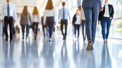 Fototapeta premium Diverse group of professionals walking through a modern office corridor