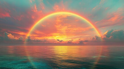 A Rainbow Arcs Over a Calm Ocean at Sunset