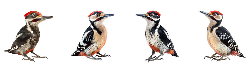 Fototapeta premium Close-up of woodpecker bird in studio light, isolated on transparent background, generative AI
