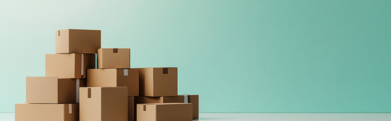 Stack of cardboard boxes against pastel color background, concept of shipping