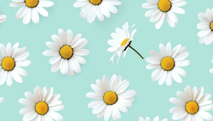 Obraz premium Tiny daisies outlined in black repeat with even spacing on a soft mint backdrop, for a fresh, clean, and minimal floral look