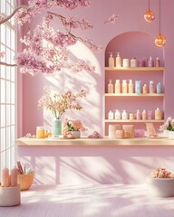 Tranquil 3D interior space with lavender tinted walls bare wooden floor and a central product display stand  Soft window lighting creates gentle shadows on the countertop