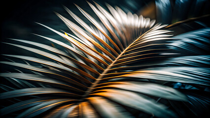 Fototapeta premium Abstract palm tree leaves blurred motion, Close-up abstract image of palm tree leaves blurred in motion, creating a vibrant green and white pattern against a blue sky. 
