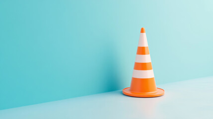 Traffic cone against bright color wall background with copy space