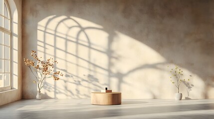 Minimalist 3D studio room with earthy brown background empty floor and wall product podium at center shadow overlay from window to countertop mockup with natural sunlight