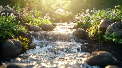 Fototapeta premium Sunlit Stream Flowing Over Rocks Amidst Lush Green Foliage and White Flowers