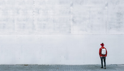 Solitary Individual in Red Jacket and White Backpack Facing a Large Blank Wall - Conceptual Urban Photography