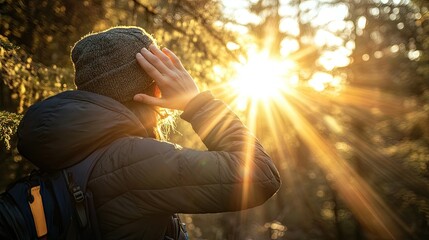 A candid moment of a person's hand shielding their face from the sun during an outdoor adventure, with rays of sunlight filtering through trees in the background.