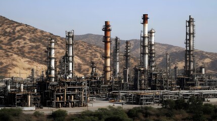 Fototapeta premium Majestic Mountains Framing Industrial Refinery Chimneys Juxtaposing Natural Beauty and Man-Made