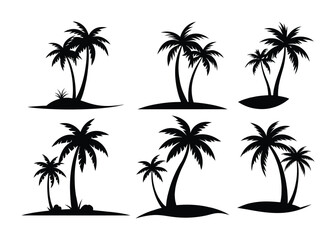 collection of Tropical Palm Trees, Black Silhouettes and Wave Lines Isolated on White Background. Vector
