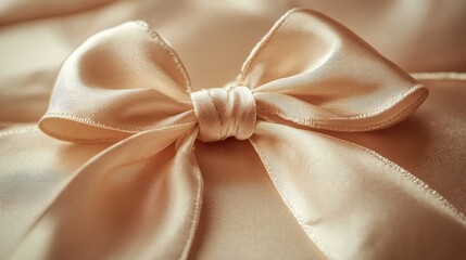 A close-up of a beautifully tied satin ribbon bow on a gift box, with delicate shadows and highlights accentuating the ribbon's silky texture.
