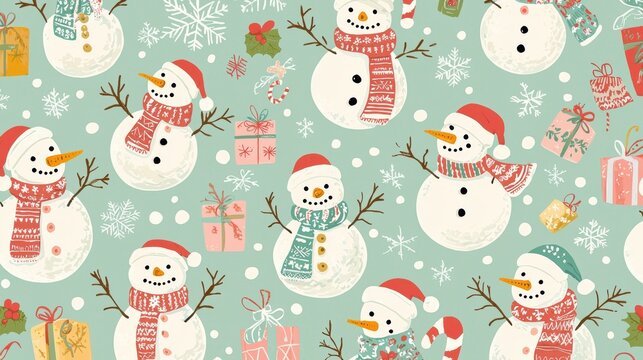 Playful seamless Christmas pattern with snowmen, scarves, and mittens in pastel colors, ideal for children?