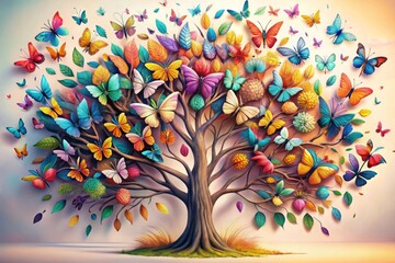 Colorful tree with vibrant leaves hanging branches illustration background 3d abstraction wallpaper for interior mural painting wall art decor