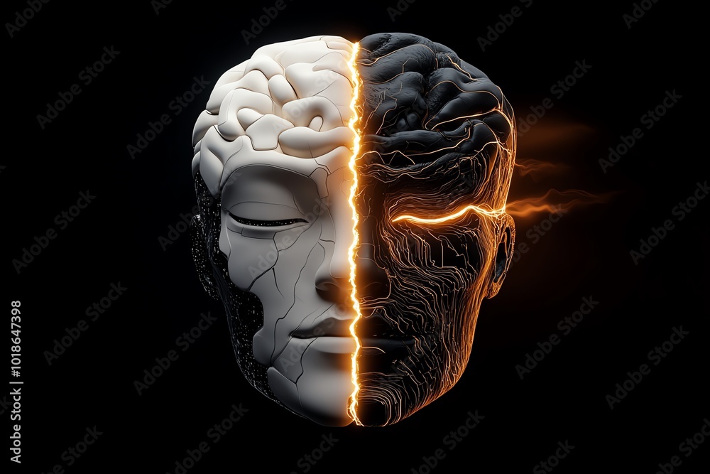 Aufkleber Futuristic image of an artificial intelligence being split between light and dark, with contrasting data streams flowing from each side, representing the dualism of technology
